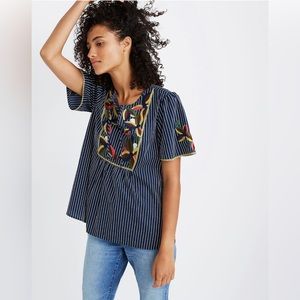 Madewell Embroidered Fable Top Navy Blue Stripe Shirt with Florals - 100% Cotton